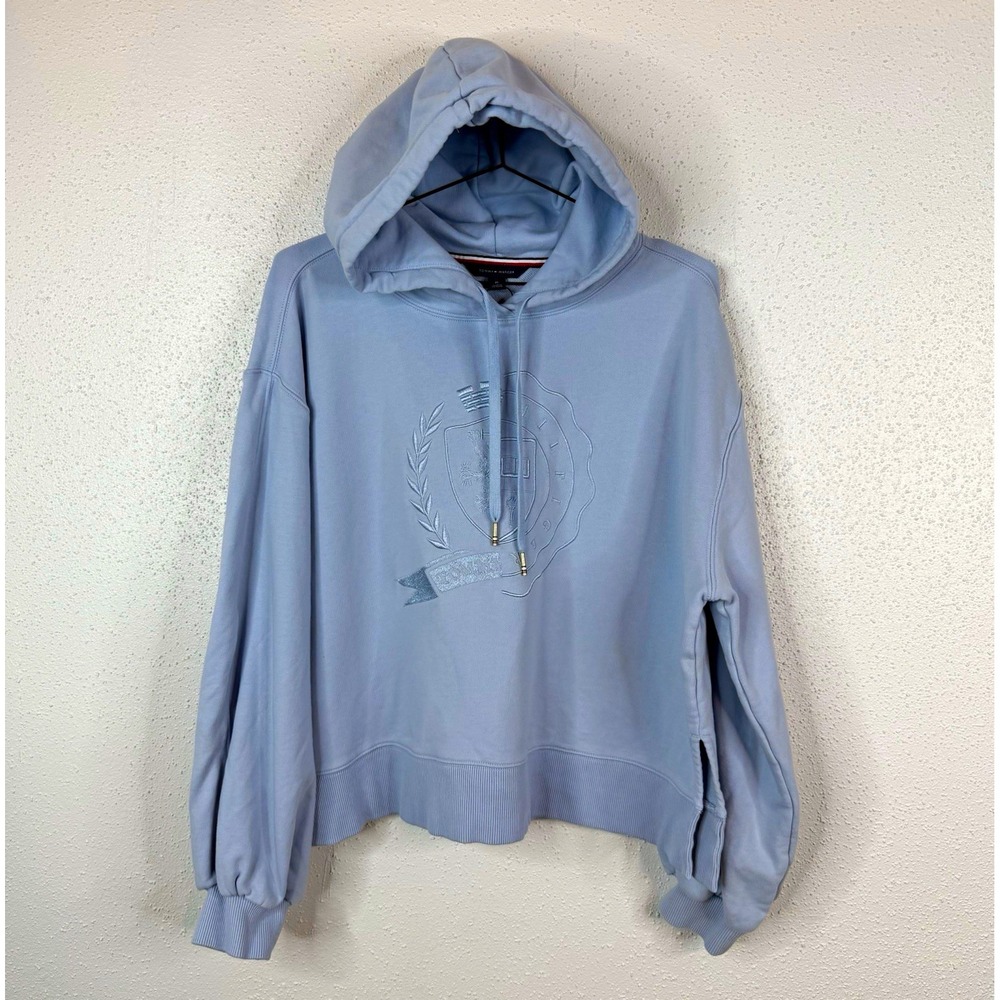 Tommy Hilfiger Women's Blue Fleece Pullover Hoodie Embroidered Logo Size M